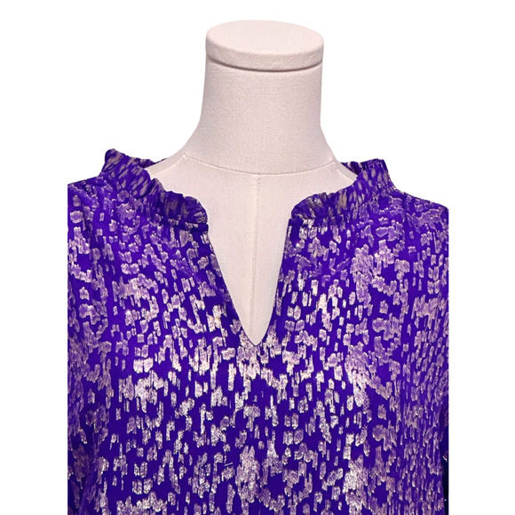 Lilly Pulitzer Purple Silver Metallic Giana Silk Long Sleeve Blouse Medium - Picture 2 of 8